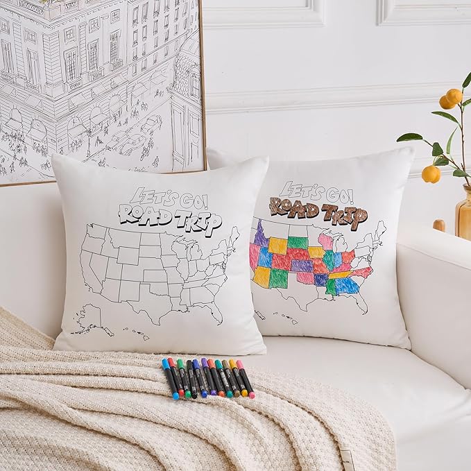 Let's go a Road Trip USA Map Coloring Pillowcase with 12 Fabric Markers, Set of 2, DIY Color 50 US States Visited Map Travel Tracker Pillow sham Cover case for Adventure RV Camper（18x18 inch）