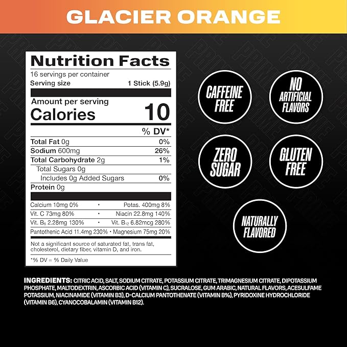 PRIME Rapid Rehydration Electrolyte Powder Sticks, Glacier Orange, Sugar Free Hydration Drink Mix with Sodium, Potassium, Magnesium & B Vitamins to Replenish Fluids, Caffeine Free, 16 Count