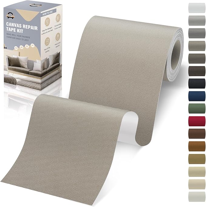 OAZ 4 x 79 inch Canvas Repair Patches Fabric Patch Self-Adhesive Canvas Repair Tape Waterproof Outdoor Gear Patch Kit for Boat Cover Awning Sofa Chair Couch Tent Bag (Ivory Gray)