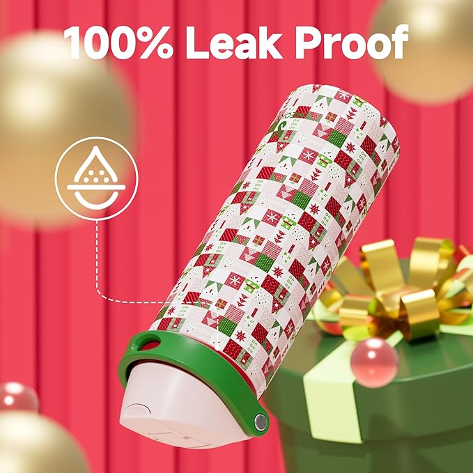 24 oz Insulated Water Bottle for Christmas: Meoky Stainless Steel Xmas Water Bottle with 2-in-1 Straw and Spout Lid - Leak Proof, Fits in Car Cup Holder, BPA-Free for Women Men, Santa Wishes