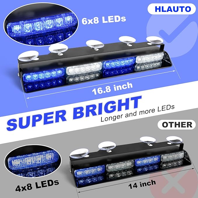 HLauto 604N Emergency Dash Strobe Lights: 2x16.8 inch Blue White Security Light w/Take Down, 48 LED Safety Flashing Warning Hazard Interior Windshield Light Bar for Trucks Vehicles