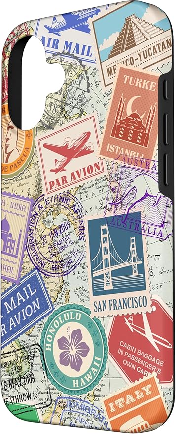 World Map Travel Passport Stamps Postage Stamp Case for iPhone 16