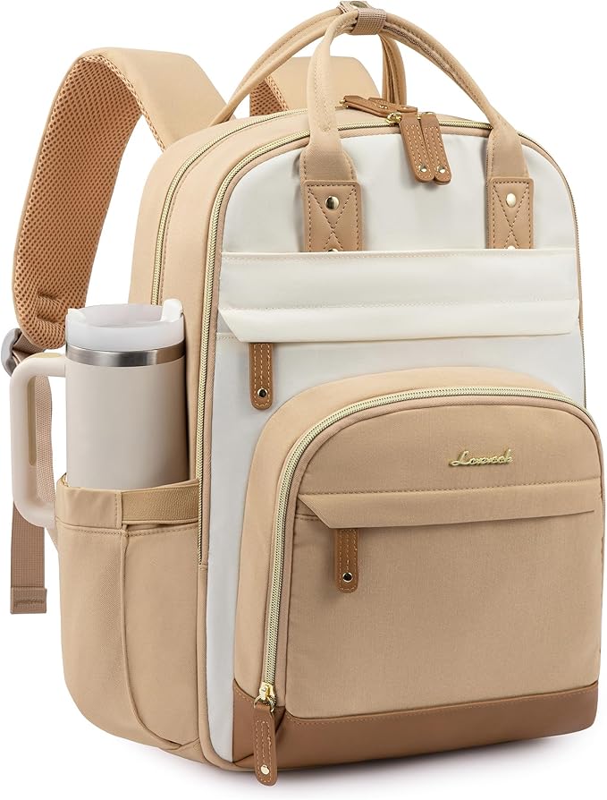 LOVEVOOK Laptop Backpack for Women with Giant Tumbler Holder Pocket,18.4 inch School College Bookbag Nurse Teacher Backpack,Work Travel Backpack Purse Laptop Computer Bag,Beige-Off-white-Earthy yellow