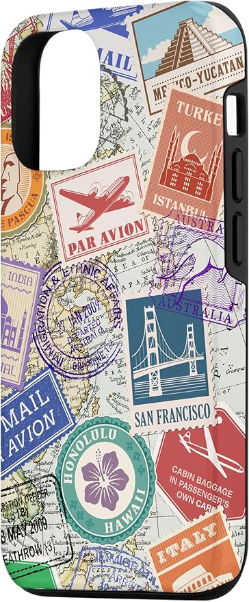 World Map Travel Passport Stamps Postage Stamp Case for iPhone 12/12 Pro
