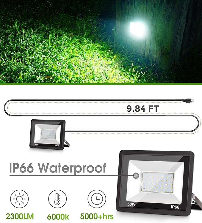 L LOHAS LED Dusk to Dawn Floodlight Outdoor, 50W Auto On/Off 6000K Daylight Plug in Flood Lights, IP66 Waterproof Work Light, 2300LM Security Lights for Yard, Garage, UL Listed, 2Pack