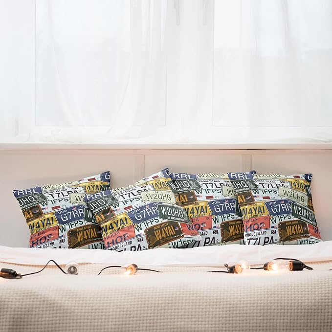 Ambesonne Vintage Decorative Throw Pillow Case Pack of 4, Original Retro Style License Plates Personalized Creative Travel Vacation, Cushion Cover for Couch Living Room Car, 18", Blue Green