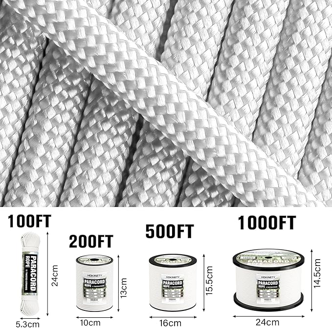 Paracord Rope 750 - Parachute para Cord 4mm 11 Strand Spool Rope Utility Nylon String for Outdoor Camping Survival Utility Tent Crafting DIY Projects - White 200ft