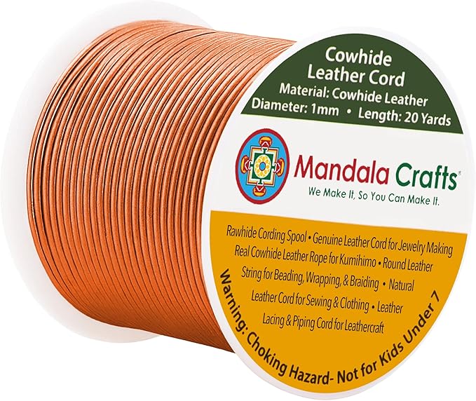 Mandala Crafts Round Genuine Copper Leather Cord for Jewelry Making – 1mm Cowhide Leather Rope String Lace for Kumihimo – 20 Yards Cowhide Craft Cording Spool