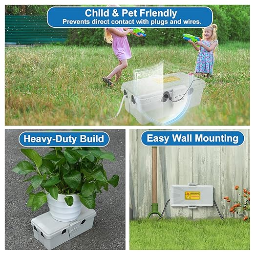 NineLeaf Outdoor Electrical Box,Weatherproof Connection Box w/6 Cable Entry,IP54 Waterproof Extension Cord Cover Protect Power Strips,Timer,Plug,Holiday Lights,10.3x5.9x3.7”,Grey