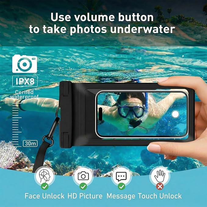 Waterproof Phone Pouch, with Interior Card Pocket, Large Waterproof Phone Case for iPhone 17 16 15 14 Pro Max, IPX8 Lightweight Cellphone Dry Bag, Beach Cruise Ship Essential,1 Pack-Black-8.3″
