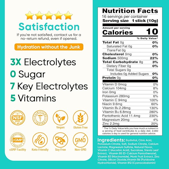 Venture Pal Sugar Free Electrolytes Powder Packets - Liquid Daily IV Hydration Packets | Instantly Hydrating & Party Recovery | 5 Vitamins & 7 Electrolytes | Certified Vegan, Keto, Non-GMO | 16 Sticks