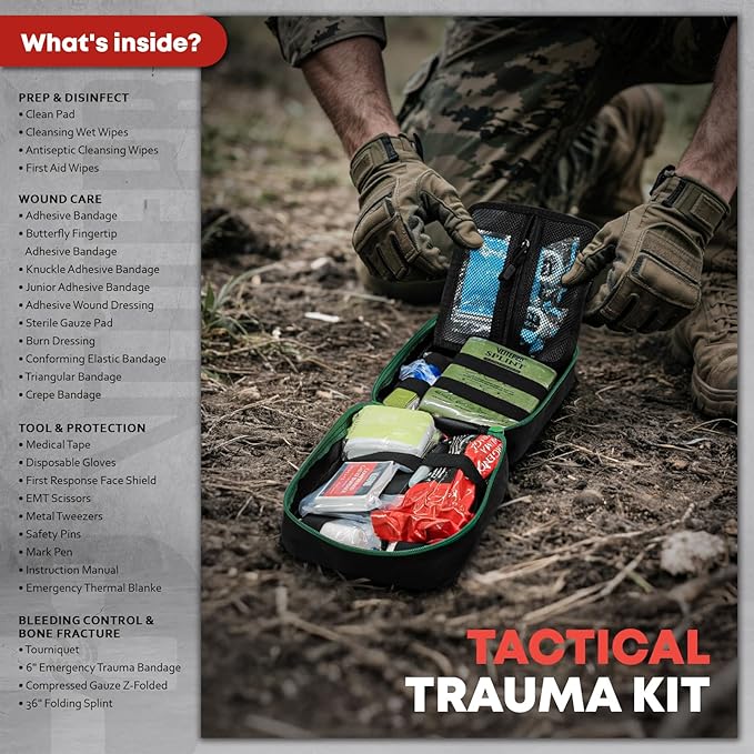 Survival First Aid Kit - IFAK Trauma Kit with Trauma Bandage, Splint, Tourniquet, Wound Care, Bleeding Control - Tactical Molle Pouch for Combat, Camping, Home, Hiking,Travel- Green