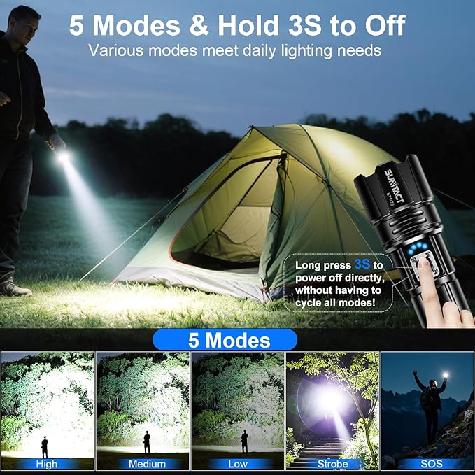 Sunitact Flashlights High Lumens Rechargeable - 20000LM 30W Super Bright LED Flash Light | 5000ft Beam & 12H Long Lasting USB High Powered Handheld Police Flashlight for Home/Camping/Hiking/Emergency