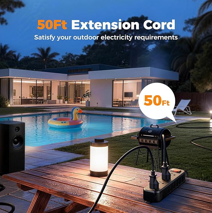 TESSAN Outdoor Power Strip Weatherproof, 50FT Extension Cord Waterproof with 4 Outlets 1 Switch (1250W), Surge Protector 1700J, Wall Mountable for Home Office and Patio Christmas Lights, Black