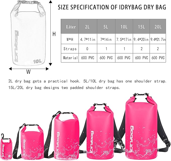 IDRYBAG Dry Bag for Kayaking Waterproof 2L/5L/10L/15L/20L, Small Dry Sack Waterproof Bag for Boating