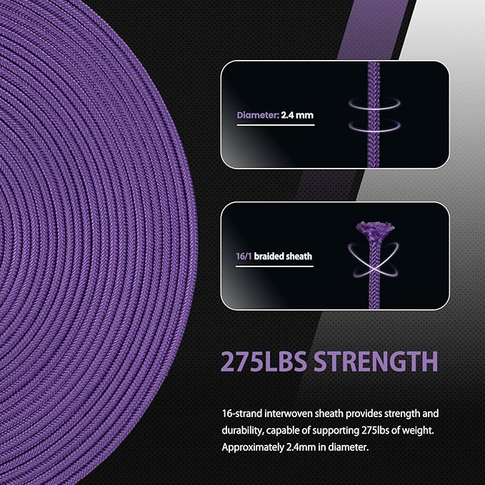 Abma Cord 2.4mm Paracord 275 100ft Nylon Rope 4 Strands Tactical Parachute Cord - Max. 275lbs - Purple