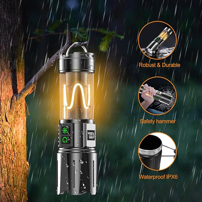 Super Bright Flashlight High Lumens 100000 Rechargeable, Powerful 50W LED, Long Lasting 30H, Daul Bottons 10Modes with Side Light, Quick USB C Charge & Output, Multi-functional for Home Camping Hiking