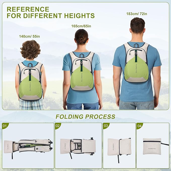 FIORETTO 15L Hiking Backpack for Women Men Mini Packable Backpack Lightweight Small Daypack for Camping Travel Outdoor, Beige and Green