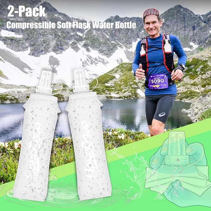2PCS Running Vest Soft Flask, BPA-Free Soft Flasks 17oz/500ml TPU Collapsible Water Bottle for Hydration Backpack, Folding Running Water Bottles for Marathon Hiking Cycling Climbing