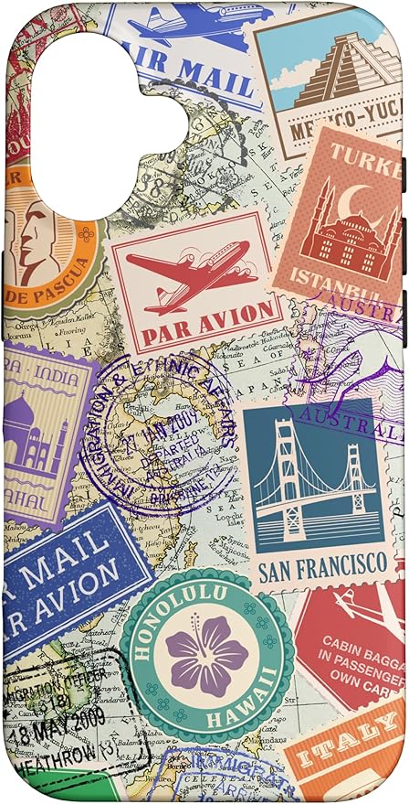 World Map Travel Passport Stamps Postage Stamp Case for iPhone 16