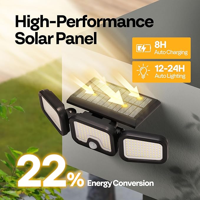 VIVOHOME Solar Flood Lights Outdoor, 256 LED 2500LM Motion Sensor Lights, 3 Adjustable Heads Security Lights, IP65 Waterproof, 270° Wide Lighting Angle Solar Powered Lights for Porch, Yard, 2 Pack
