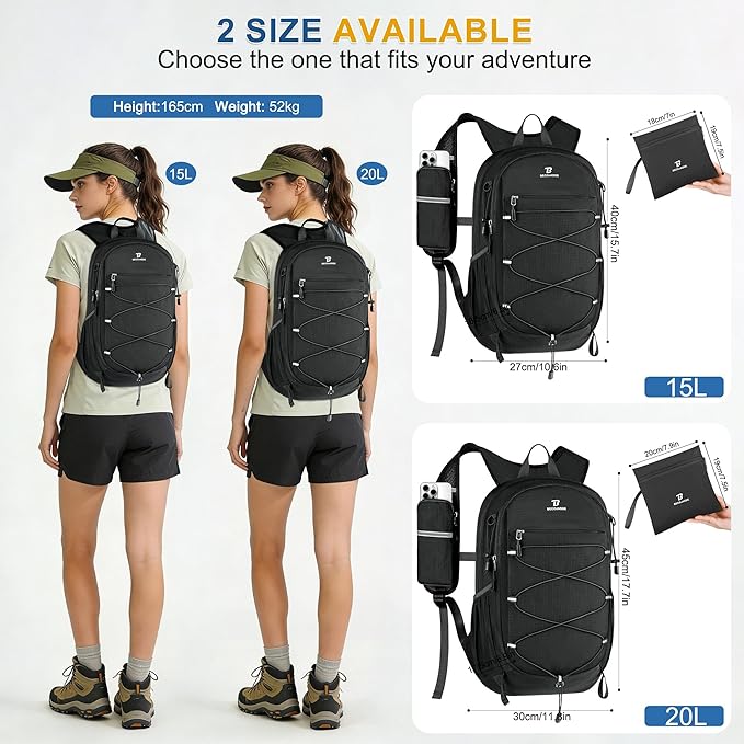BECOJADDE Hiking Backpack 20L Small Backpack Packable Day pack Water Resistant Lightweight Travel Backpack for Women Men with Shoulder Strap Pockets for Hiking Camping Outdoor, Black