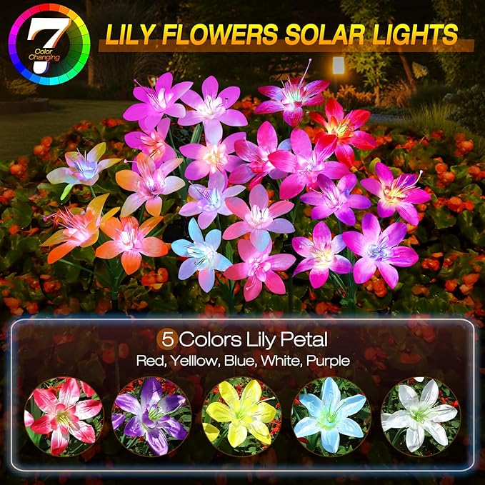 Aukora Solar Garden Lights Outdoor 5 Pack, 5 Colors Lily Flowers & 7-Color Changing Solar Lights for Outside, Waterproof for Garden Patio Yard Decor