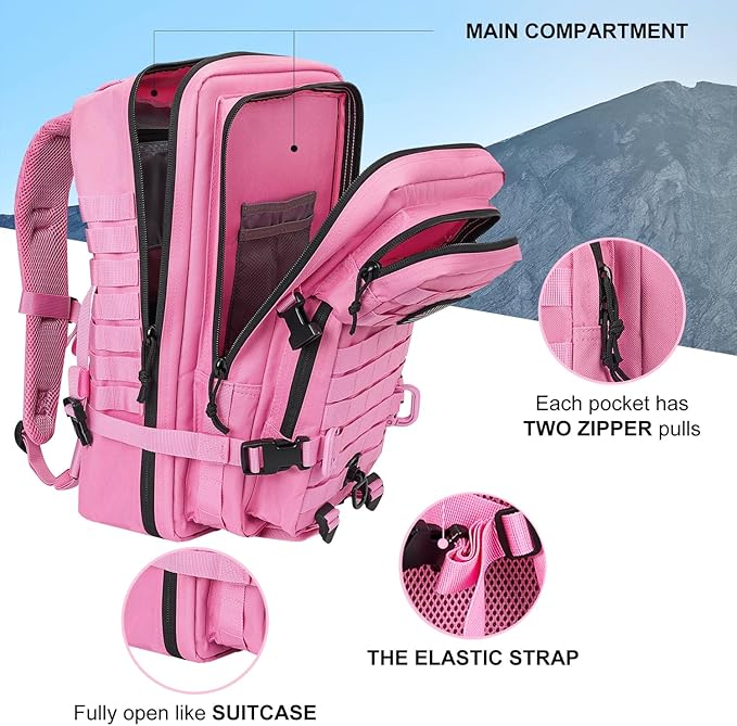 Hannibal Tactical MOLLE Assault Backpack, Tactical Backpack Military Army Camping Rucksack, 3-Day Pack Trip w/USA Flag Patch, D-Rings, Pink