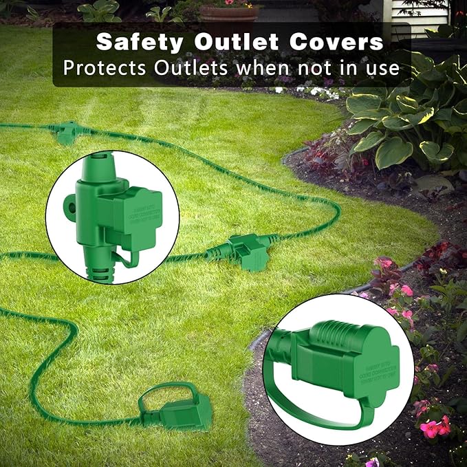 K KASONIC - Outdoor Extension Cord 100 FT, Evenly Spaced 12 Outlets Plugs, 16/3 SJTW Weatherproof Multiple Outlets Wire for Landscaping Light, Holiday Decoration and Christmas, ETL Listed, Green