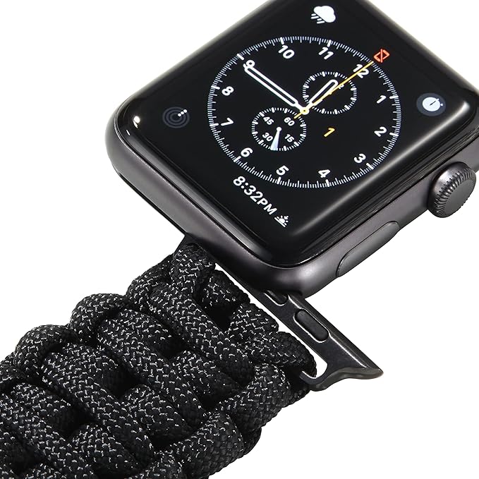 Savior Survival Gear Paracord Watch Band Compatible with Apple Watch 38mm, 40mm Apple Watch, and 41mm Apple Watch - Paracord Watch Band with Stainless Steel Adjustable Shackle (Black, Large)