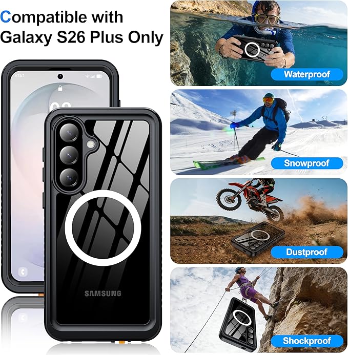 ANTSHARE IP68 Waterproof Case for Samsung Galaxy S26 Plus [2026] - MagSafe Compatible, Built-in Screen/Lens Protector - Shockproof Full Body Protection for Swimming/Outdoor, Black/Clear