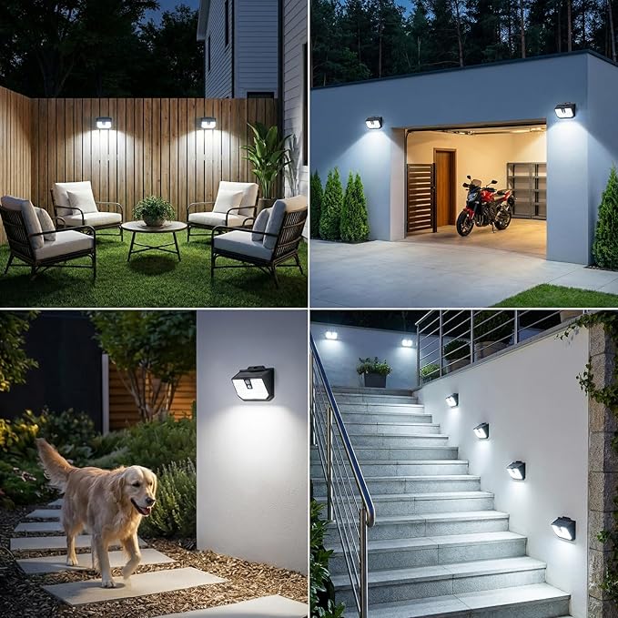 Brightever 4-Pack Solar Lights Outdoor Motion Sensor, Super Bright Outdoor Solar Lights Waterproof, 3 Lighting Modes Security Wall Lighting for Outside House, Pathway, Garden, Walking Dog, Fence