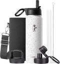 Coolflask Water Bottle 24 oz Insulated with Straw, Stainless Steel Metal 3 Lids Water Flask Wide Mouth for Sports or Office, Non-BPA Keep Cold Up to 48 Hrs or Hot Up to 24 Hrs, Arctic White