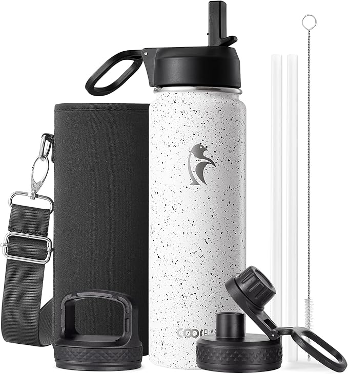 Coolflask Water Bottle 24 oz Insulated with Straw, Stainless Steel Metal 3 Lids Water Flask Wide Mouth for Sports or Office, Non-BPA Keep Cold Up to 48 Hrs or Hot Up to 24 Hrs, Arctic White