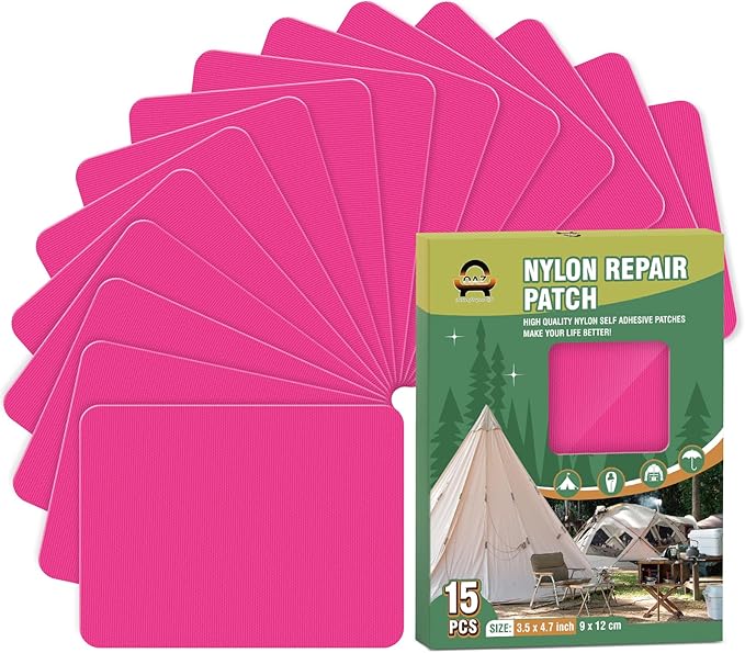OAZ 15 Pieces 3.5 x 4.7 inch Nylon Repair Patches Nylon Fabric Patch Self-Adhesive Tent Repair Tape Waterproof Lightweight Repair Patches Repair Patch Kit for Clothing Down Jacket Bag (Dark Pink)