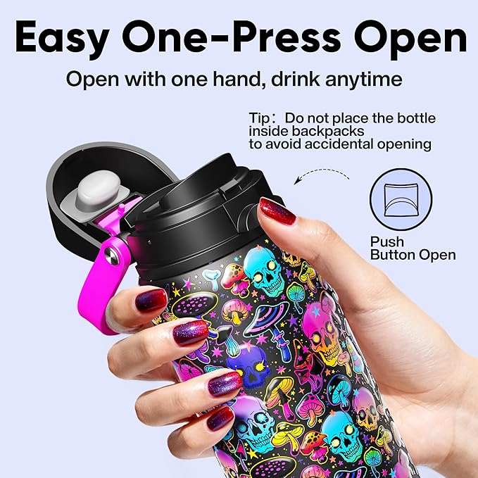 Insulated Water Bottle with Straw - Encool Stainless Steel Water Bottle with Push Button Lid, Leak-Proof & BPA-Free, Keeps Cold for 24 Hours for Sports, Travel, Gym (32 oz, Trippy Skulls)