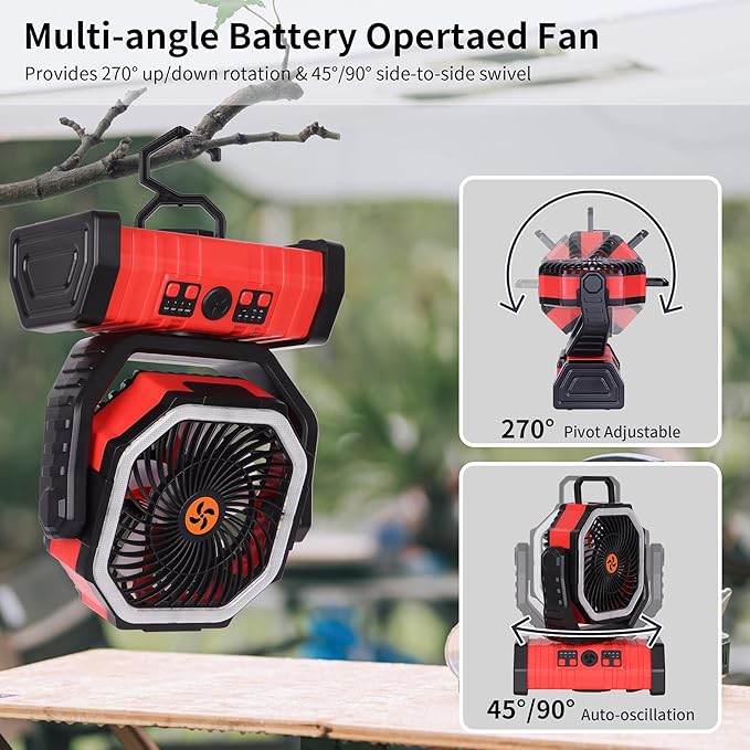 Battery Powered Fan Portable,20000mAh Rechargeable Camping Fan with LED Lantern,Auto-Oscillating USB Personal Battery Operated Fans Portable for Tens & Hanging Hook (Red)