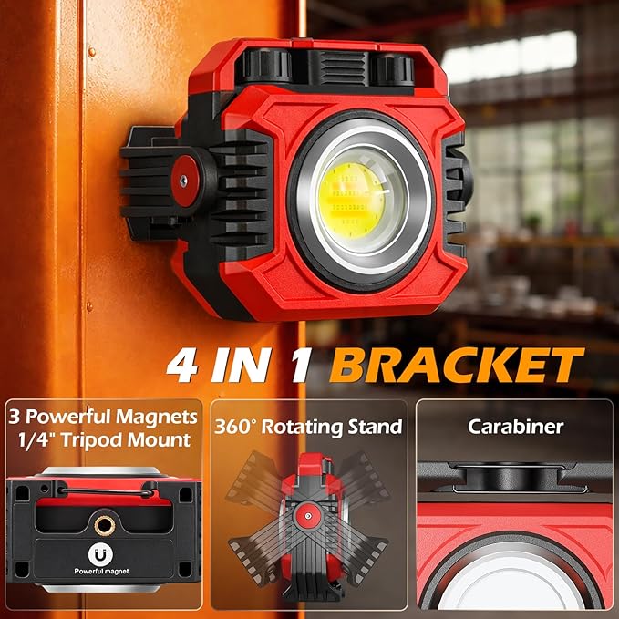 Samyoung 2-Pack 2400LM Magnetic Rechargeable Work Light, Dual-Sided LED Work Light, Up to 80 Hours Runtime, Stepless Dimming 2700K-8000K, Magnetic Flashlight with 360° Rotating Stand, Hook, Red