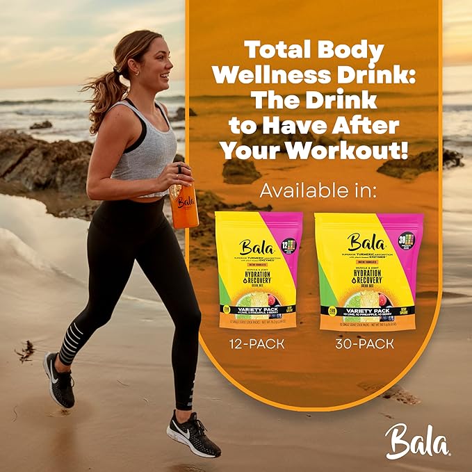 Bala Total Body Wellness Drink Mix, Hydrate & Recover Variety Pack, Pineapple, Lime & Berry, 4 Per Flavor, Zero Sugar Electrolytes Powder Packets with Enzymes & Amino Acids, Turmeric Drink, 12 Count