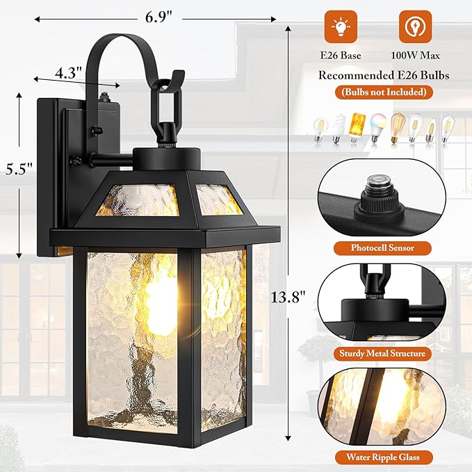 BesLowe Dusk to Dawn Outdoor Wall Lights, Exterior Lighting Fixtures Wall Mount, Porch Lights Outdoor Wall Sconces with Water Ripple Glass, Outside Lights for House Front Door Garage, 2-Pack