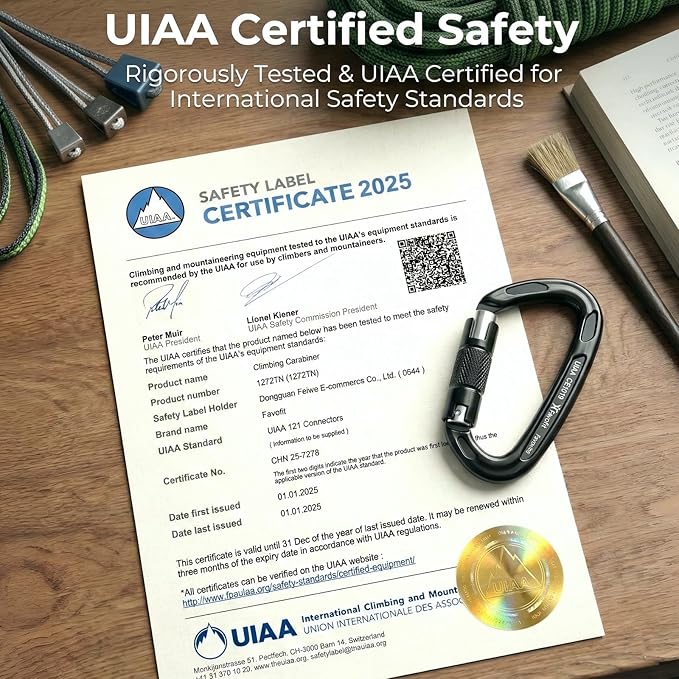 UIAA Certified 25kN-42kN Climbing Carabiners - Favofit Heavy Duty Locking Carabiner Clips with Twist or Screw Lock - Professional Rock Climbing Gear for Tree Climbing Arborist Rappelling & Rescue