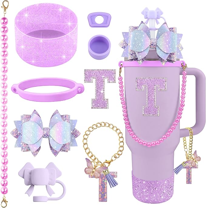 9PCS Purple for Stanley Cup Accessories Set Bling Initials Bow Charms for Stanley Decorations 30/40 Oz Tumbler Accessories Including Bow Straw Topper, Handle Strap, Spill Stopper（Letter T）
