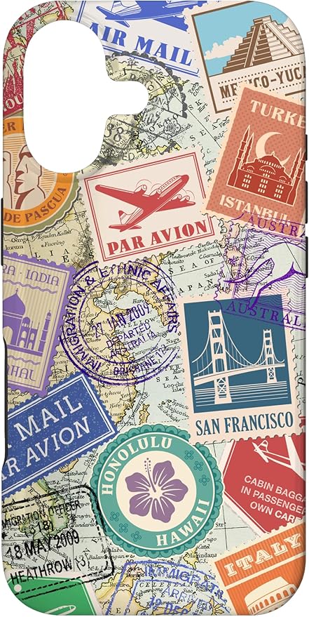 World Map Travel Passport Stamps Postage Stamp Case for iPhone 17