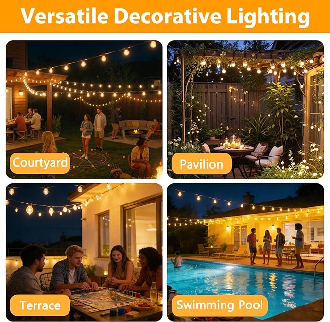LumBelle Smart Outdoor String Lights, 50FT ST38 LED Patio Lights with Timer Remote APP Control, 22 Shatterproof LED Bulbs (2 Spare), Dimmable Waterproof Hanging Light for Backyard Porch Party Decor