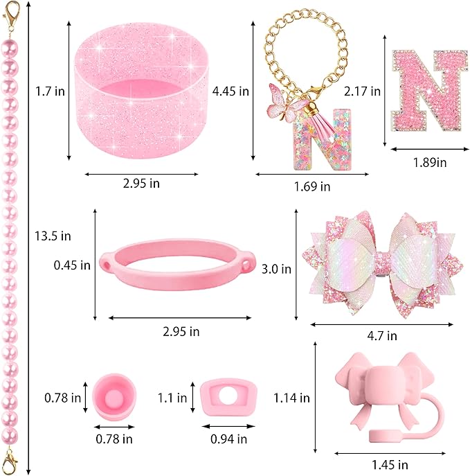 9PCS Pink for Stanley Cup Accessories Set Bling Initials Bow Charms for Stanley Decorations 30/40 Oz Tumbler Accessories Including Bow Straw Topper, Handle Strap, Spill Stopper（Letter N）