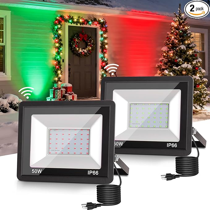 L LOHAS LED Red and Green Christmas Flood Light Outdoor, 𝑫𝒖𝒔𝒌 𝒕𝒐 𝑫𝒂𝒘𝒏 50W Plug in Flood Light, IP66 Waterproof Christmas Decorations, 2300lm Christmas Lights for Yard, Party, UL Listed