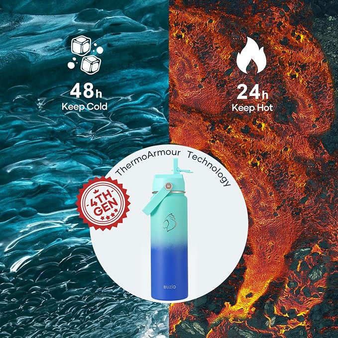 BUZIO 24 oz Insulated Water Bottle, Stainless Steel Wide Mouth Water Flask with Straw Lid, Cold for 48 Hrs Leak Proof Metal Hydro Thermo Canteen Mug, Caribbean Blue