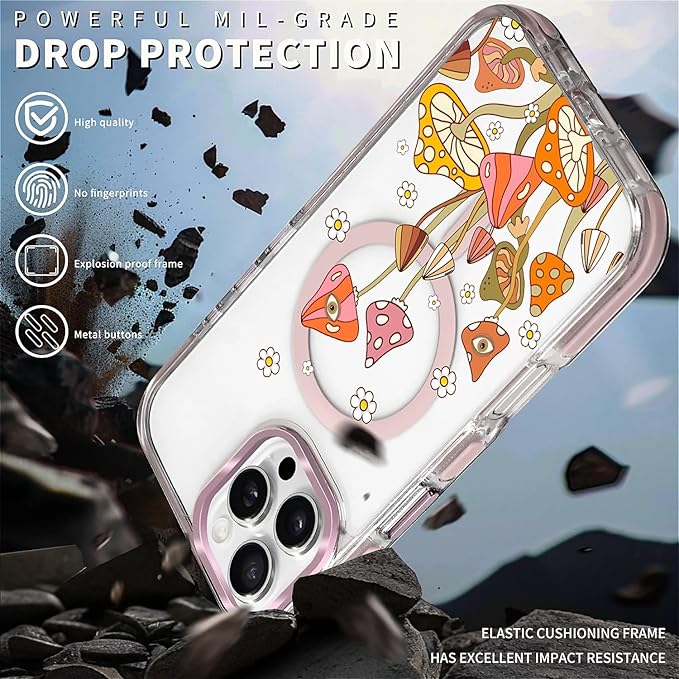 Case for iPhone 16 Pro Max,[Compatible with MagSafe],Retro Mushroom Sunflower Phone Case Design，for Women Girls Magnetic Clear Cover - Slim, Sleek, & Shockproof Protection
