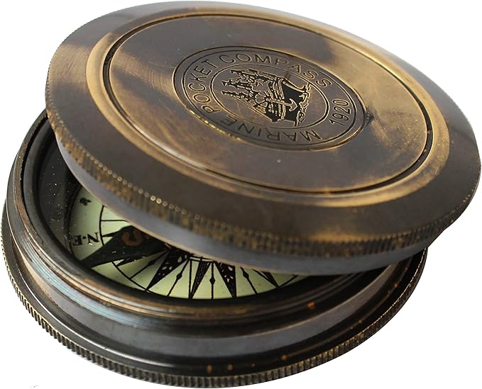 Marine Pocket Compass 1920 Vintage Brass Navigation Compass with Engraved Lid Antique Nautical Instrument