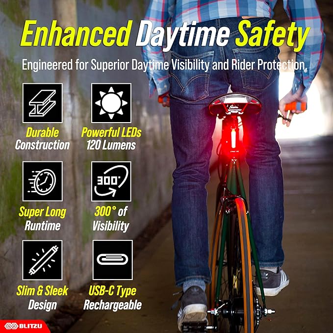 BLITZU USB-C Rechargeable Bike Tail Light 2 Pack, Bright Bicycle Rear Cycling Safety Flashlight Accessories for Night Riding, Cyborg 120T, 4 Light Modes for Adults Kids Men Women Road Mountain